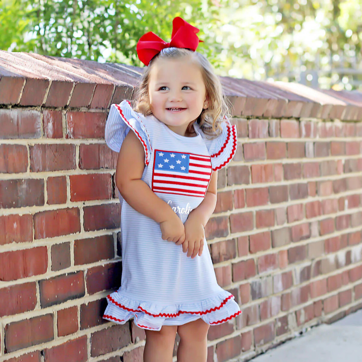 Flag Applique Light Blue Stripe Milly Dress | Classic Whimsy