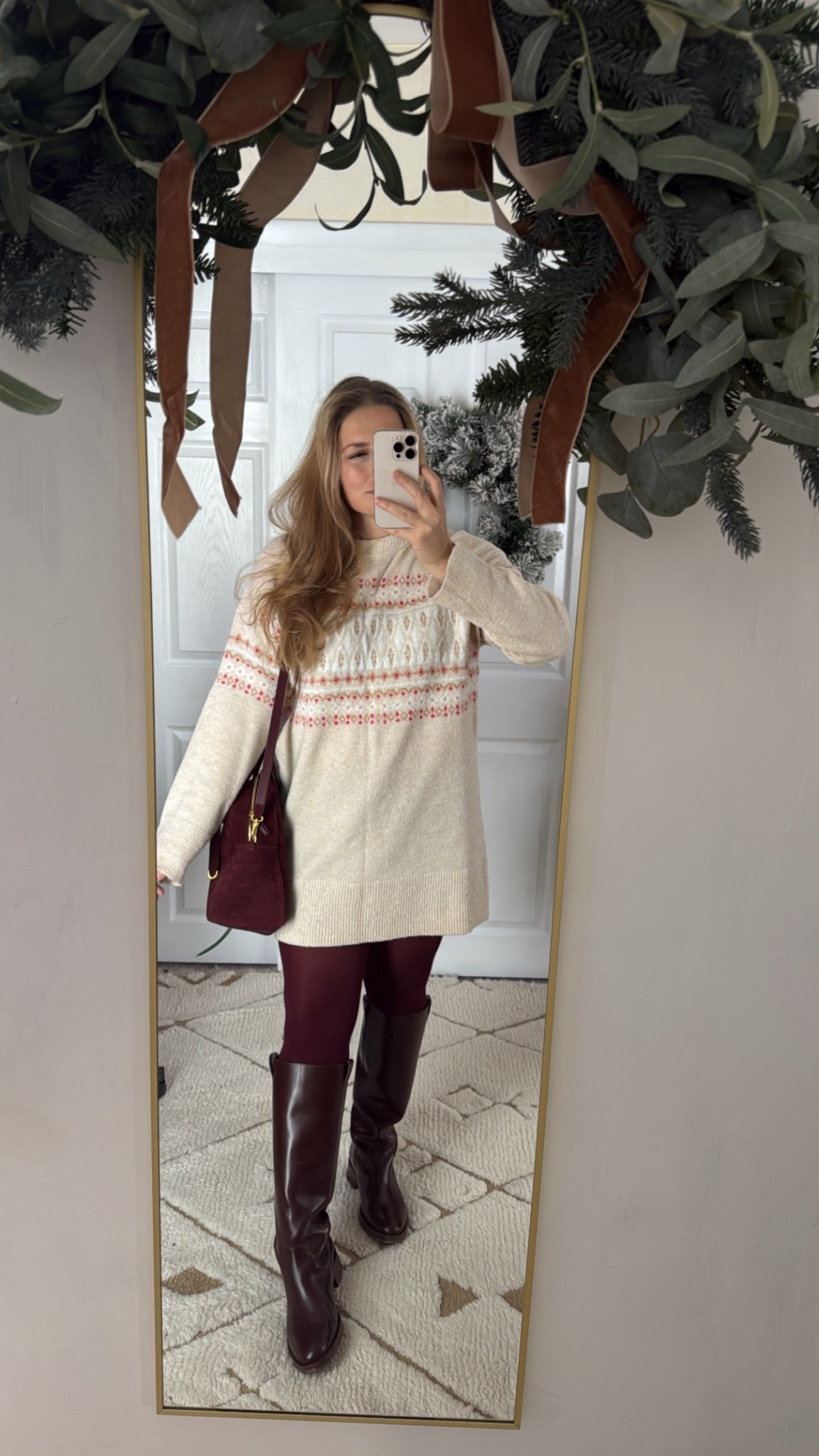 Casual holiday outfit, burgundy bag, Christmas bag charm, Christmas outfit idea, winter outfit, ootd, elf bag charm, elf accessory, leather boots, burgundy tights 

#LTKHoliday #LTKSeasonal #LTKFindsUnder50