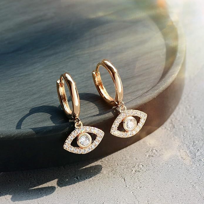 VACRONA Evil Eye Huggie Hoop Earrings for Women 18k Gold Plated Heart Pendant Huggie Earrings Tin... | Amazon (US)