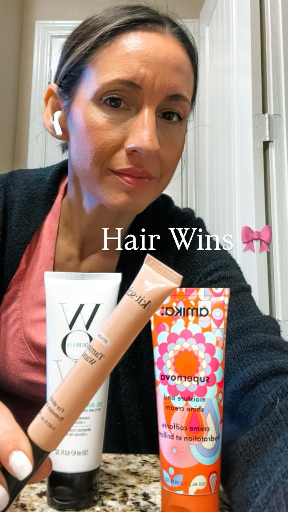 Hi! Here are 3 hair products I am a huge fan of. The Color Wow One Minute Transformation is amazing for silky hair when I blow mine out. It’s also great for up do’s for my daughter. 
The Kitsch Taming Wand is awesome. It really does tame fly away. I really like that it works without weighing my hair or my daughter hair down. 
The Amika Moisture and Shine Cream works like magic. 
Hair products 
Color Wow 
Amika 
Kitsch 
Target 
Ultra 
Sephora 


#LTKOver40 #LTKBeauty #LTKFindsUnder50