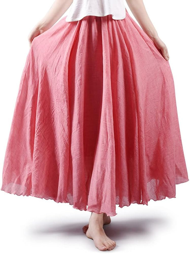 ASHER FASHION Women's Bohemian Style Elastic Waist Band Cotton Linen Long Maxi Skirt Dress | Amazon (US)
