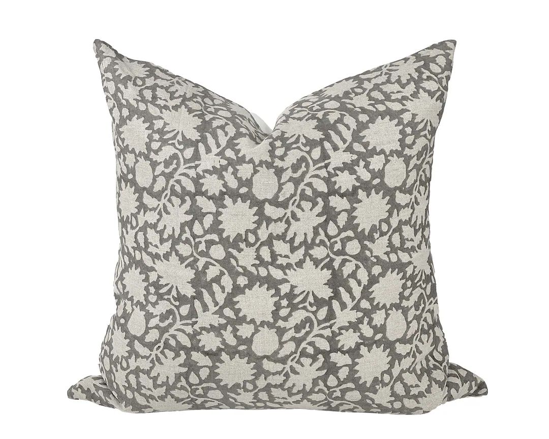 WREN Designer Soft Grey Tan Floral Linen Pillow Cover Block - Etsy | Etsy (US)