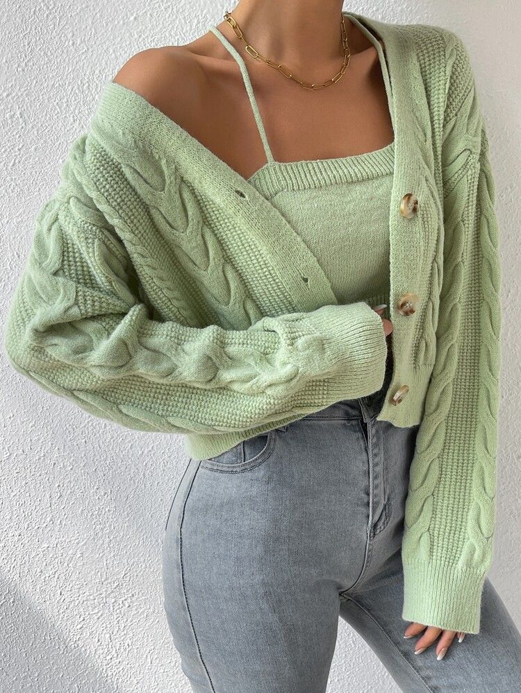 New
     
      Drop Shoulder Cable Knit Cardigan & Crop Knit Top | SHEIN