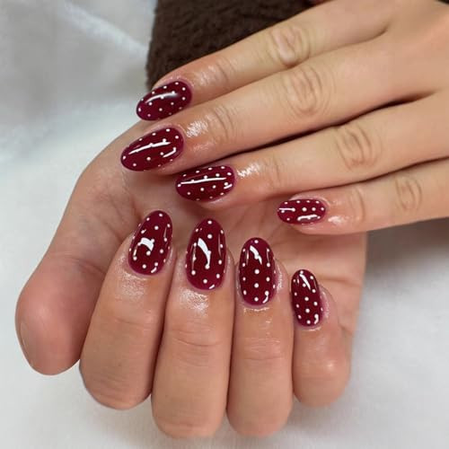 Red Press on Nails Short Oval Acrylic Fake Nails Polka Dot False Nails with Designs Full Cover Glossy Glue on Nails Cute Holiday Acrylic Stick on Nail DIY Art for Women Girls 24Pcs | Amazon (US)