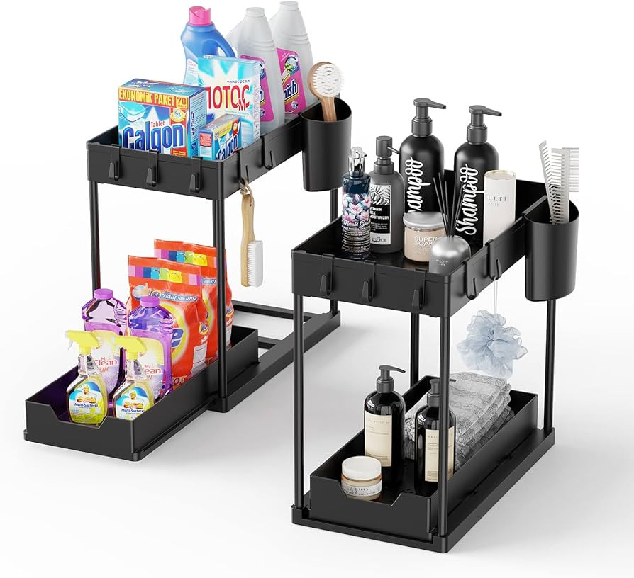 EWU 2 Pack Under Sink Organizers and Storage, 2 Tier Under Sliding Cabinet Basket Organizer Drawe... | Amazon (US)