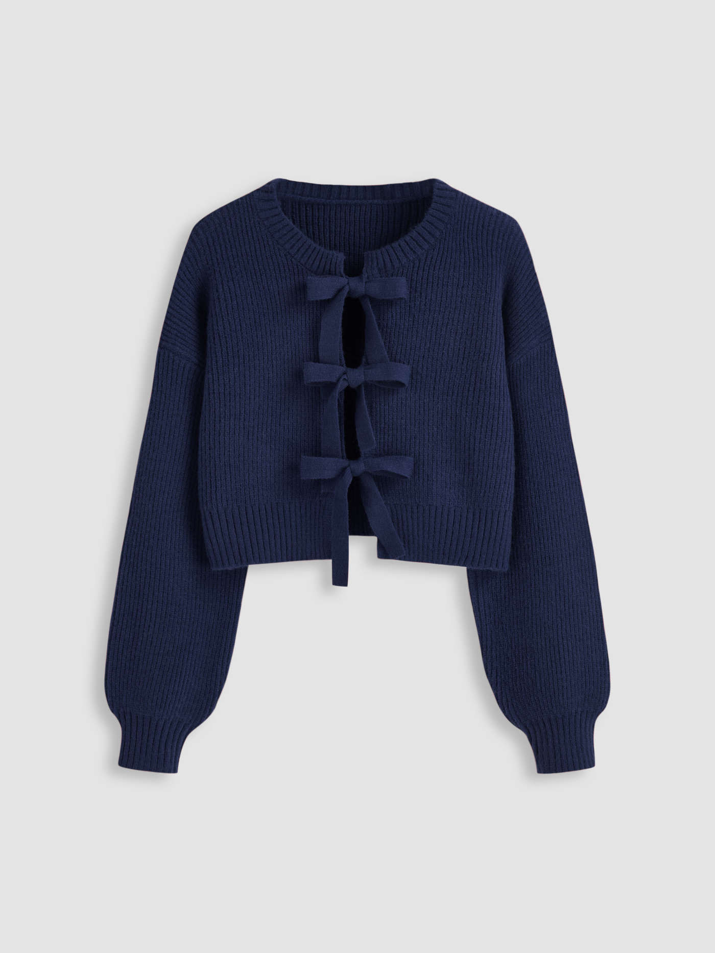 Knit Round Neck Solid Tie Front Bowknot Cardigan | Cider