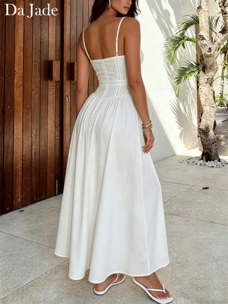 Da Jade Women's Soft, Charming, Romantic Sweet Style White Spaghetti Strap Ruched Waist A-Line Dress, Brightens Complexion And Youthful, Ideal For Summer Dates, Island Trips And Photoshoots | SHEIN