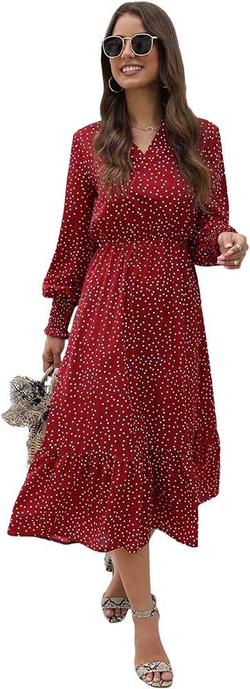 Women's Casual Long Sleeve Polka Dots V Neck Ruffle Hem Midi Dresses | Amazon (US)