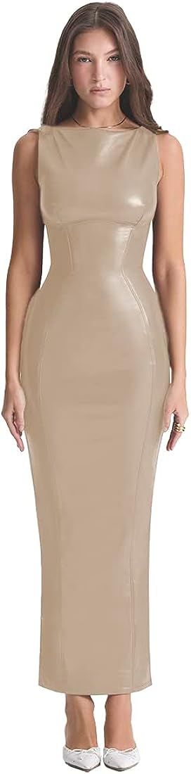 XLLAIS Women's Faux PU Leather Bodycon Maxi Dress Sexy Boatneck Tank Long Dresses | Amazon (US)
