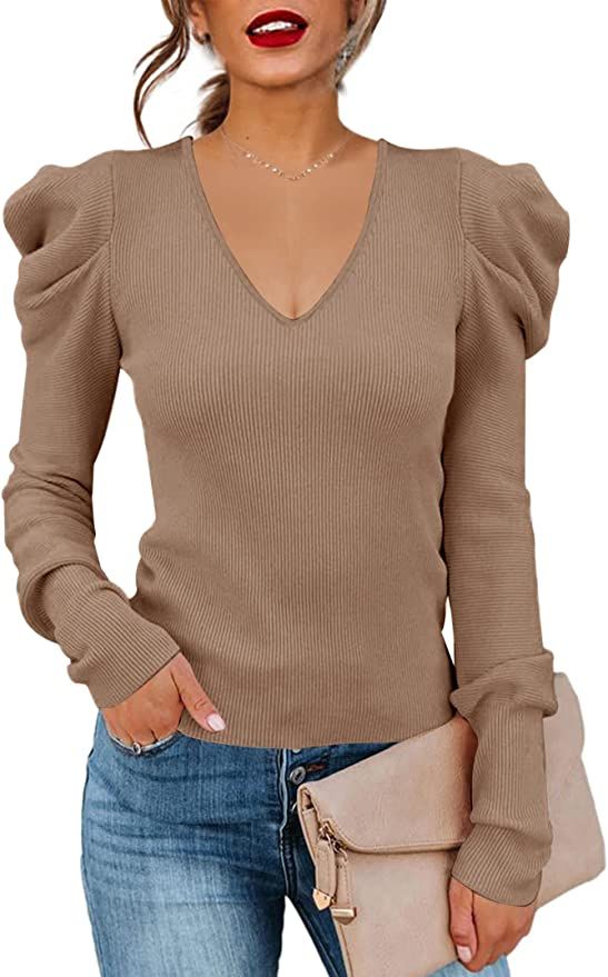 Amarmia Women's Long Puff Sleeve Knit Pullover Sweaters Casual V Neck Ribbed Solid Slim Fit Sweat... | Amazon (US)