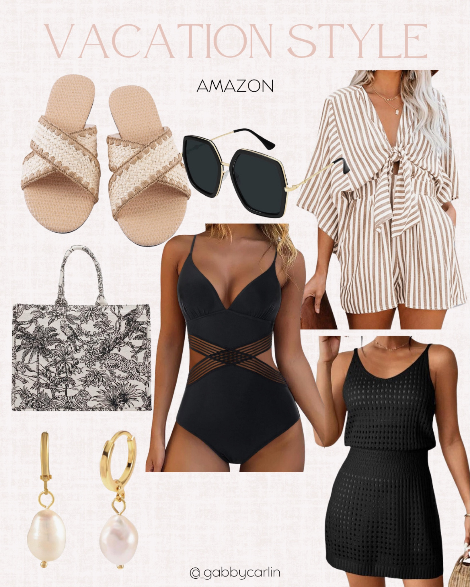 Amazon, vacation style, sandals, sunglasses, romper, one piece swim, tote bag, pearl earrings 

#LTKtravel #LTKswim #LTKSeasonal
