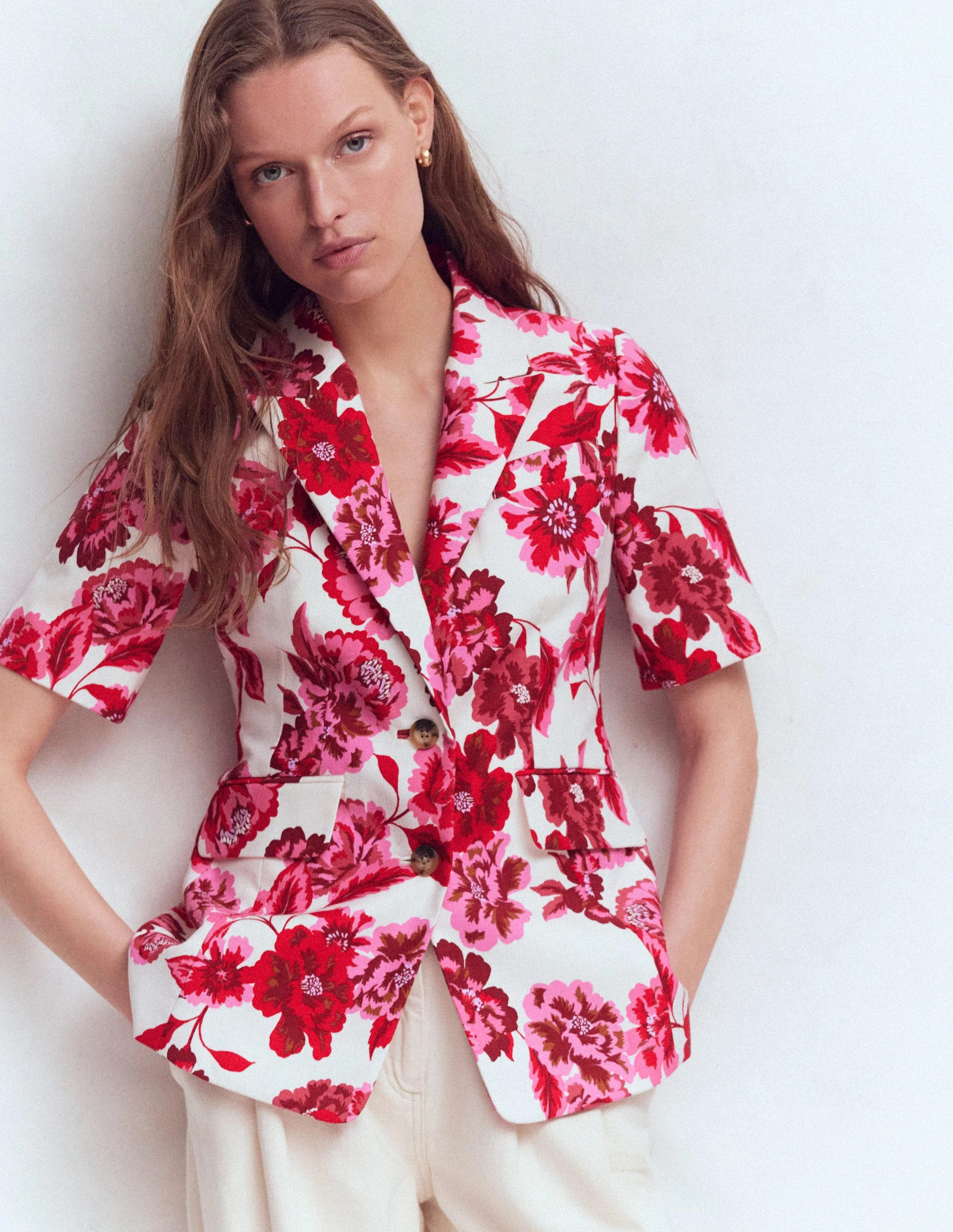 Short Sleeve Cotton Blazer-Sangria Sunset, Floral Print | Boden UK