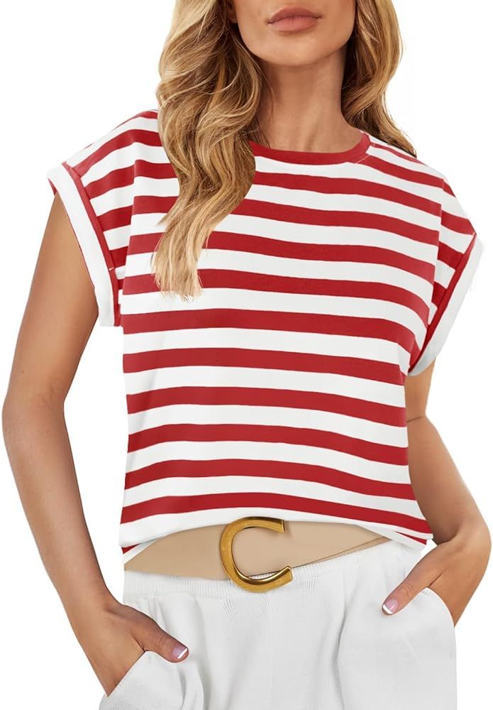 ZESICA Womens 2024 Summer Cap Sleeve Crewneck Crop Tops Casual Loose Striped T-Shirts Basic Tees | Amazon (US)