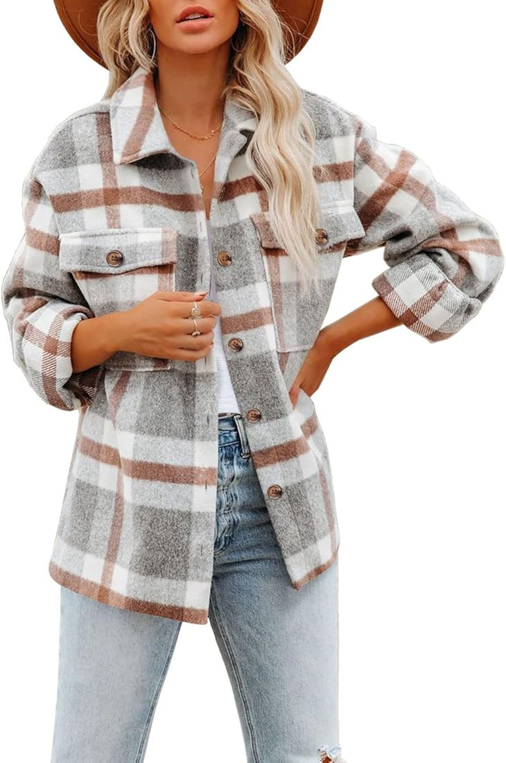 DOROSE Women's Long Sleeve Button Down Plaid Flannel Shirt Jackets Coats… | Amazon (US)