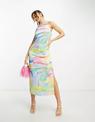 ASOS DESIGN sleeveless satin midi slip dress in watercolor print | ASOS (Global)
