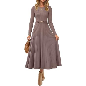 ZESICA Womens Fall Long Sleeve Pleated Midi Sweater Dresses | Amazon (US)