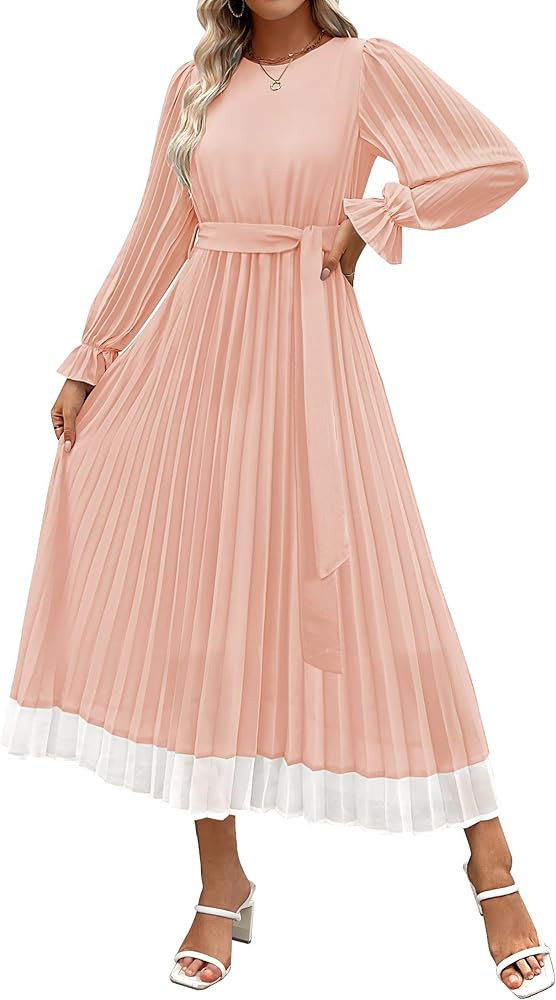 ZESICA Women's 2024 Fall Long Sleeve Chiffon Dress Casual Crew Neck Pleated A Line Flowy Midi Dre... | Amazon (US)