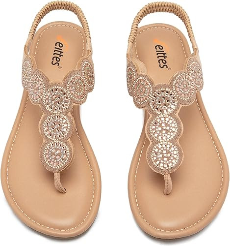 Veittes Women's Bohemian Bling Flat Slide Sandals - Casual Summer Thong Sandals with Rhinestone D... | Amazon (US)