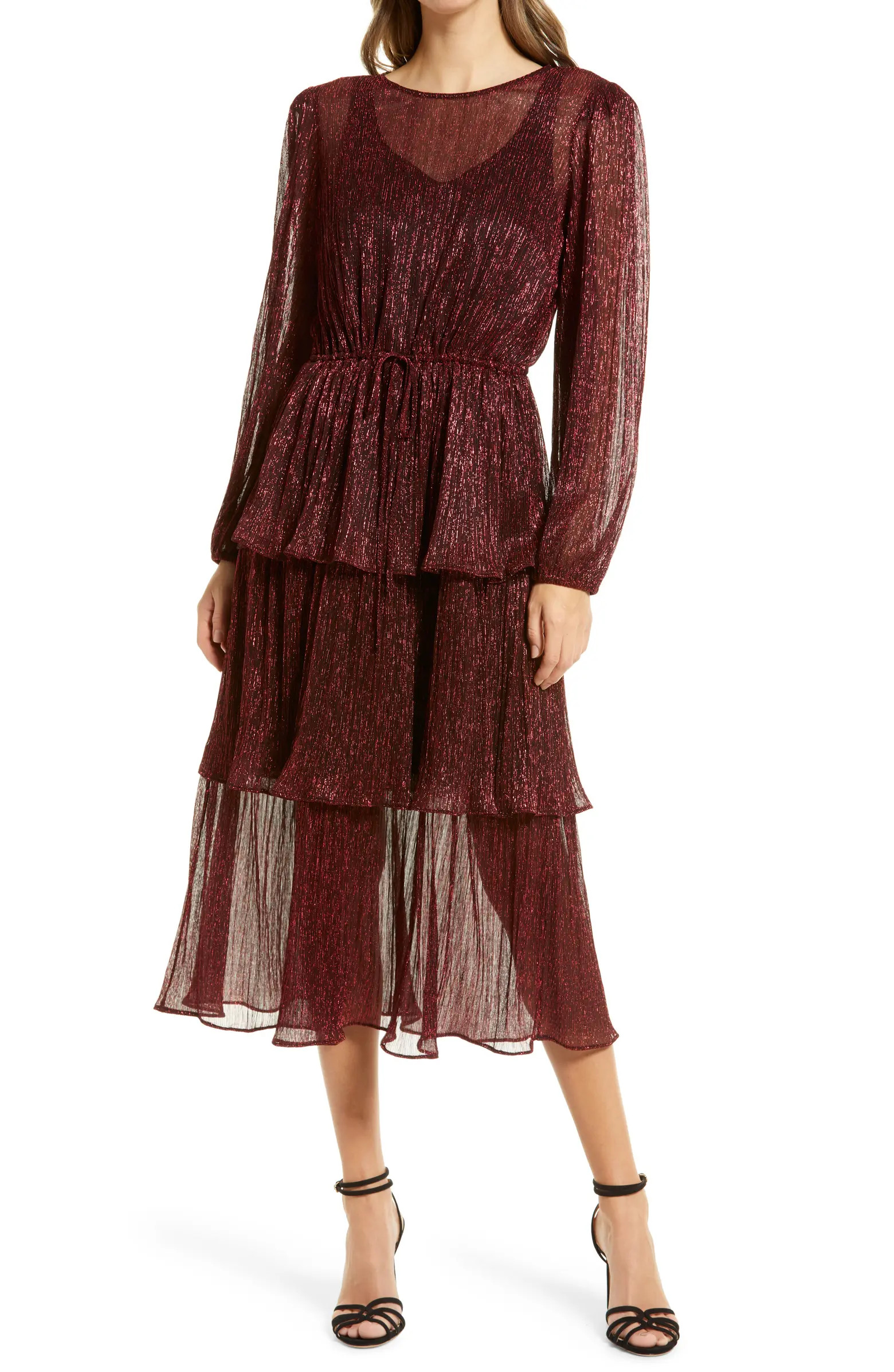 Metallic Long Sleeve Tiered Cocktail Dress | Nordstrom