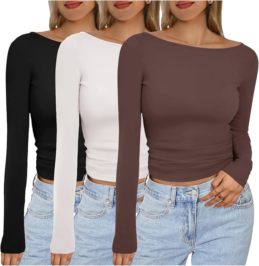 Ekouaer Women's Boat Neck Tops 3 Packs Long Sleeve Shirts Ruched Fall Fashion 2025 Outfits Basic ... | Amazon (US)