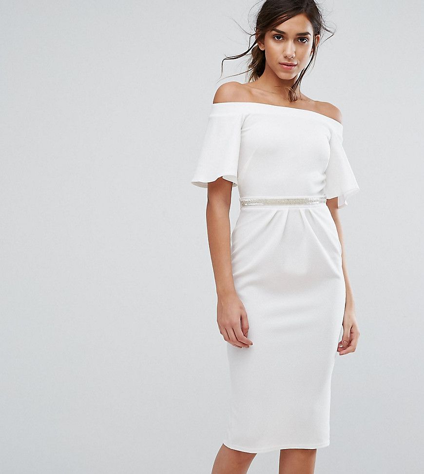 Silver Bloom Bandeau Midi Dress with Fluted Sleeve and Embellished Waist-White | ASOS (Global)