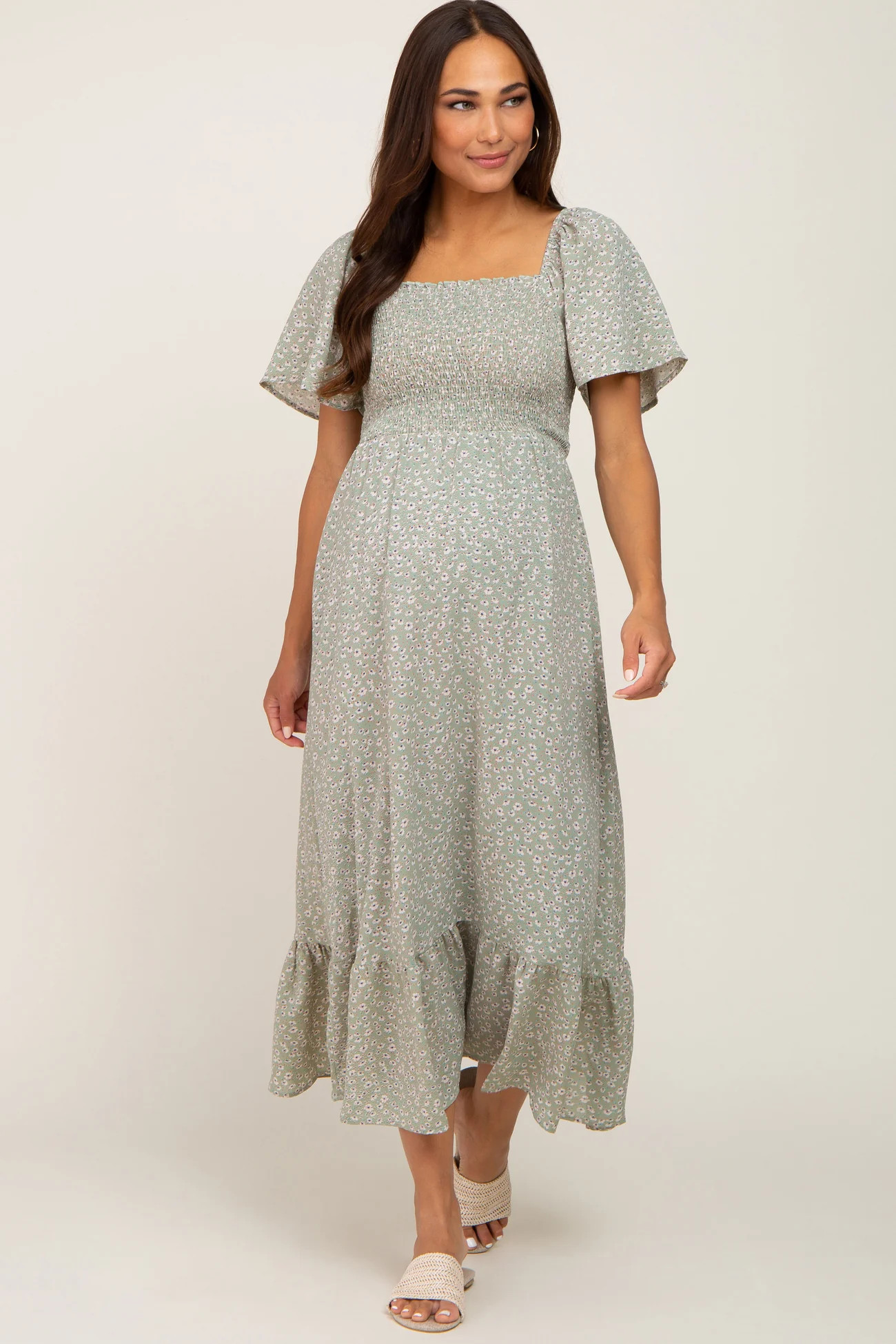 Light Olive Floral Smocked Maternity Midi Dress | PinkBlush Maternity