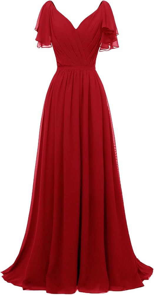 Yexinbridal Ruffle Sleeves Bridesmaid Dresses V-Neck Chiffon Long Formal Wedding Evening Party Go... | Amazon (US)