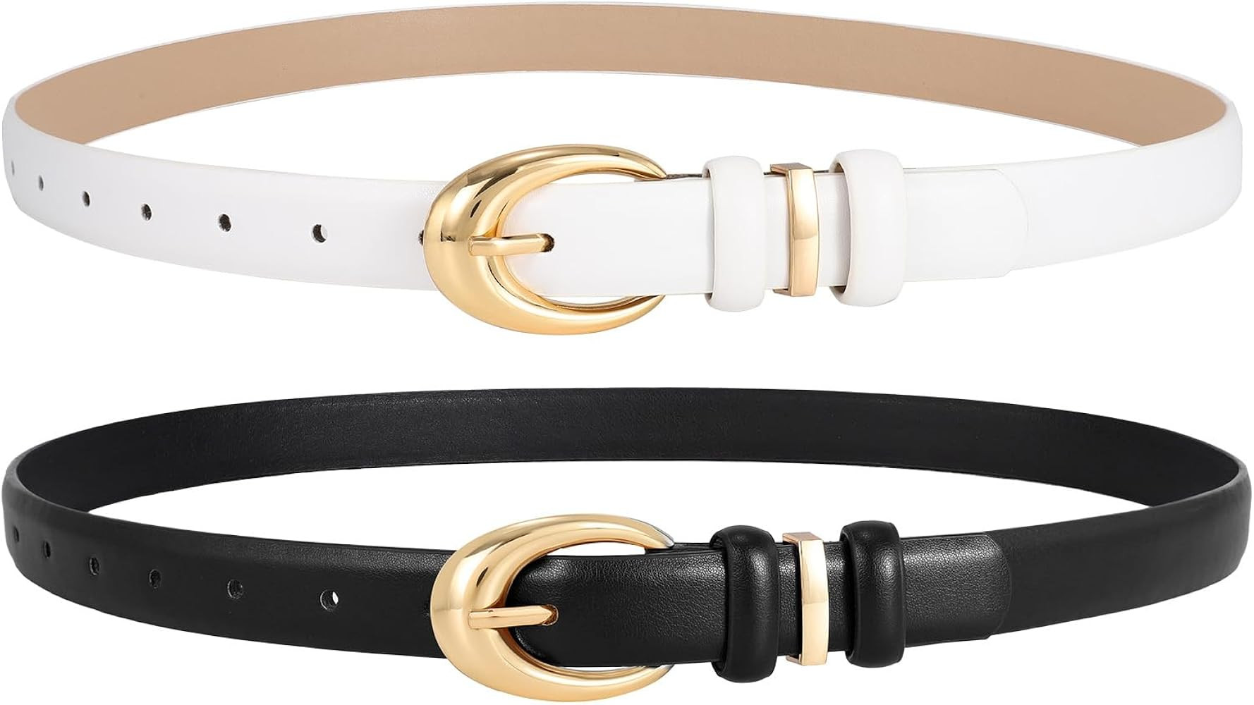 LEACOOLKEY 2 Pack Women Leather Belts for Jeans Dress Fashion Skinny Belt with Gold Silver Buckle | Amazon (US)