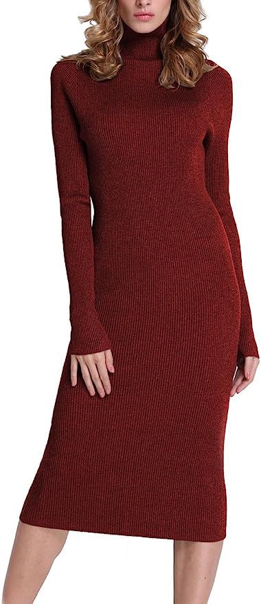 Rocorose Women's Turtleneck Ribbed Elbow Long Sleeve Knit Sweater Dress | Amazon (US)