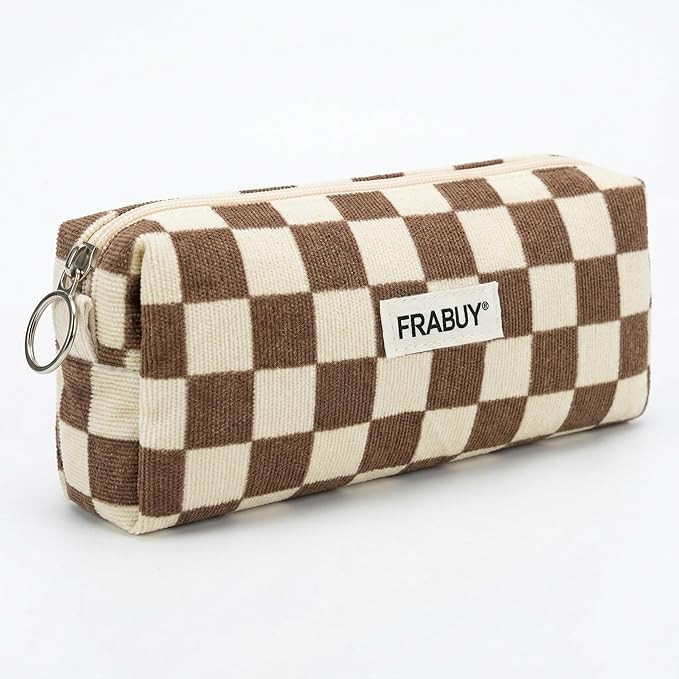 Soft Corduroy Pencil Case Pen Pouch Organizer, Small Stationery Bag | Cute brown checkerboard zip... | Amazon (US)