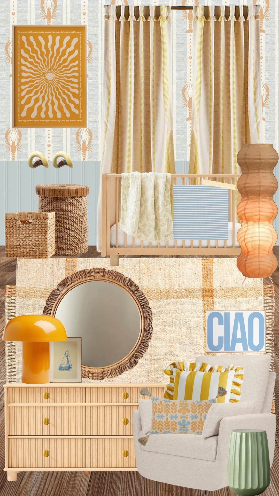 Retro Mediterranean seaside nursery for a cool little dude 🌞

This nursery was inspired by an image someone DM’d me and I loved the mix of playful coastal elements and warm Mediterranean colors. Lobster wallpaper, woven textures, a retro sun print, and pops of blue, sage, orange, and yellow give the room that relaxed seaside feeling while still keeping everything soft and cozy for a baby boy.

#LTKBump #LTKHome #LTKBaby