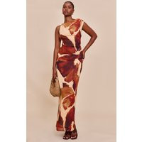 Brown Floral Printed Floral Chiffon Ruched Maxi Dress | PrettyLittleThing US