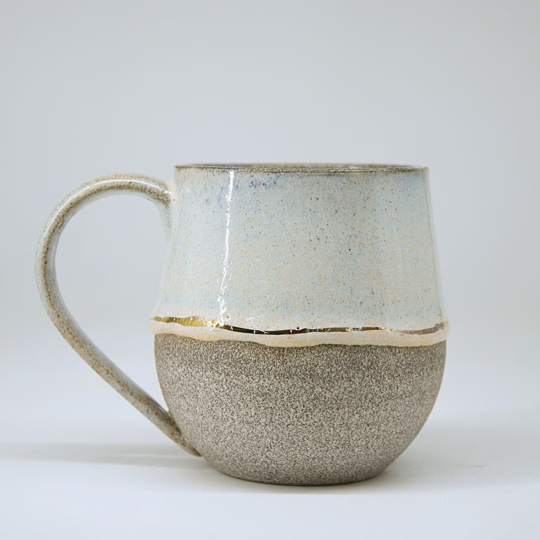 CUP ceramic coffee mug - Grey and pearly white stoneware with concrete-style gold trim - handmade... | Etsy (US)