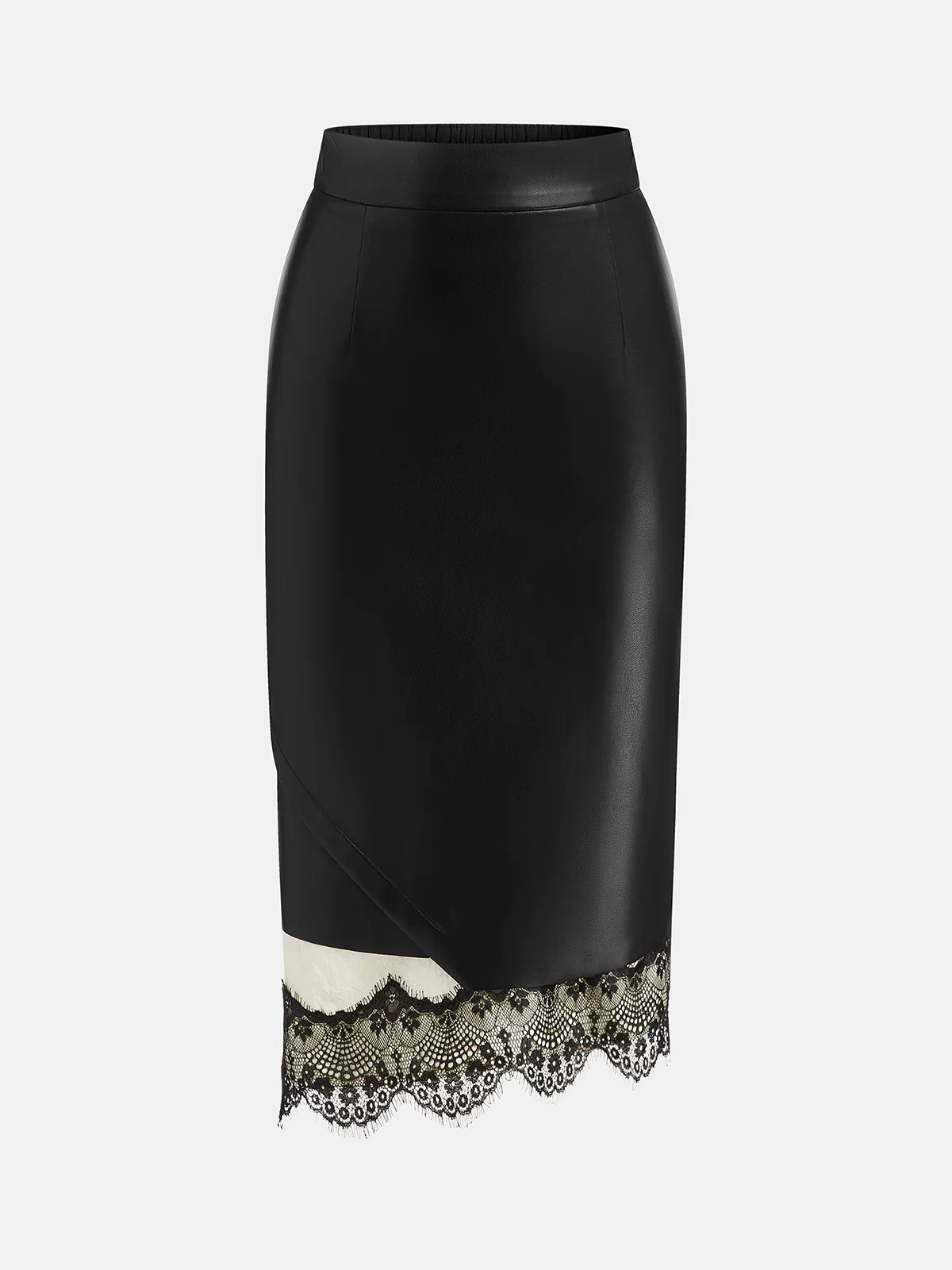 Lace Hem Faux Leather Midi Skirt | Commense