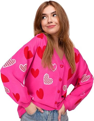 Twistover Valentines Day Heart Cardigan Sweater Sequins Embroidery Hot Pink Heart Sweater Valenti... | Amazon (US)