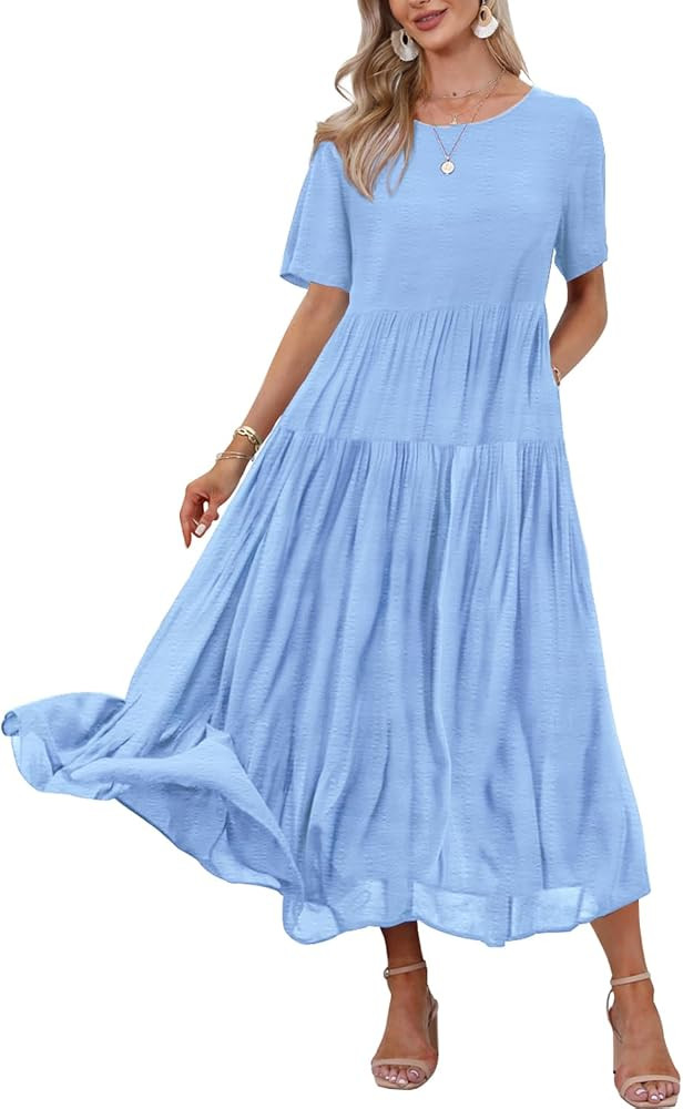 YESNO Women Casual Loose Bohemian Floral Dress with Pockets Short Sleeve Long Maxi Summer Beach S... | Amazon (US)
