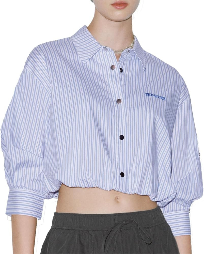 URBAN REVIVO Women's Striped Crop Shirt with Medium Long Sleeves, Soft Breathable Fabric | Amazon (US)