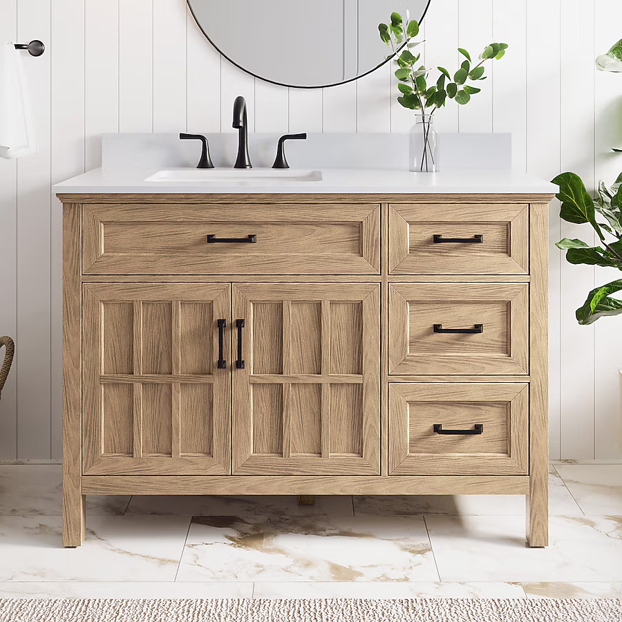 allen + roth Cantrell 48-in Clear Oak Undermount Single Sink Bathroom Vanity with White Engineere... | Lowe's