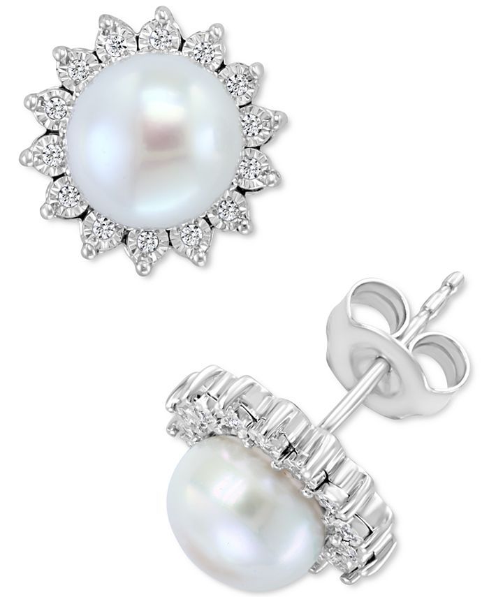 EFFY Collection EFFY® Cultured Freshwater Pearl (7mm) & Diamond (1/10 ct. t.w.) Stud Earrings in... | Macys (US)