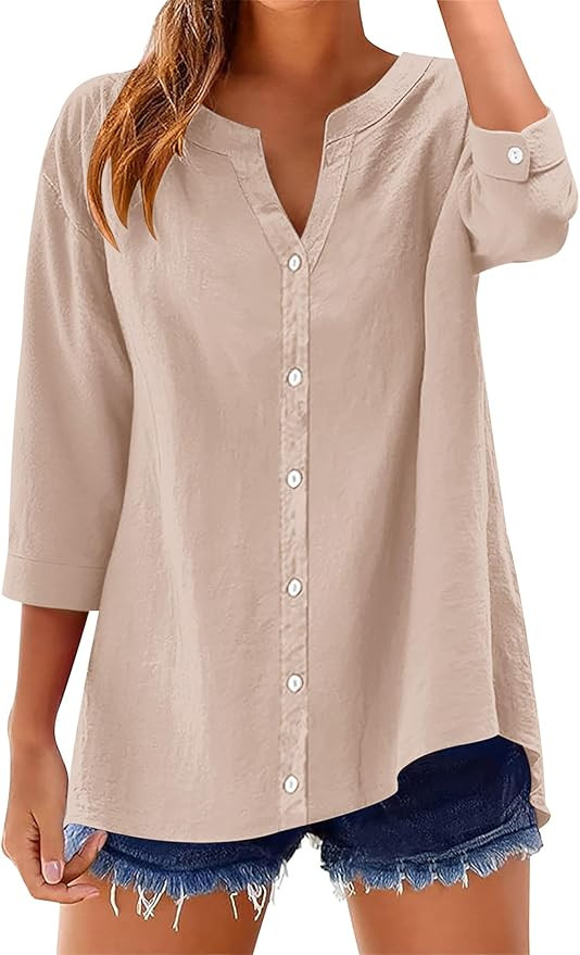 LOMON Womens 3/4 Sleeve Button Down Shirts Cotton Linen Roll Up Short Sleeve Tops V Neck Casual L... | Amazon (US)