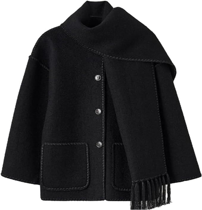 DOPRISIC Womens Removable Embroidered Scarf Jacket Casual Button Down Tassel Scarf Coat Fall Wint... | Amazon (US)