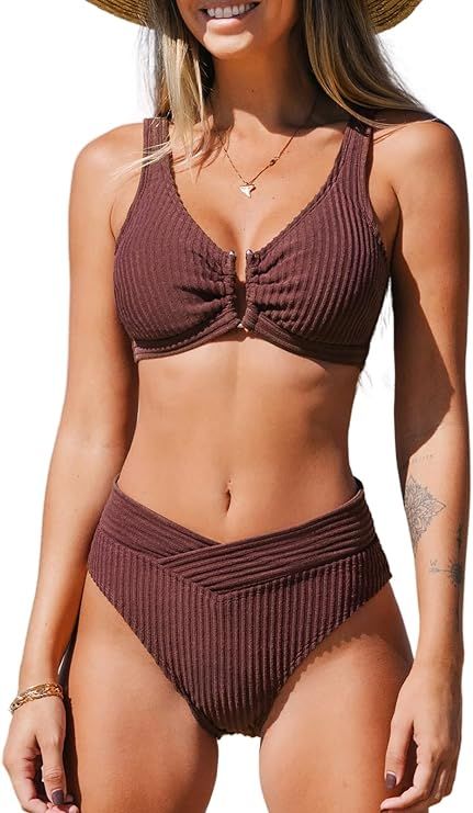 CUPSHE Bikini Set for Women Two Piece Swimsuits High Waisted Ribbed V-Wire Bralette Wide Straps B... | Amazon (US)