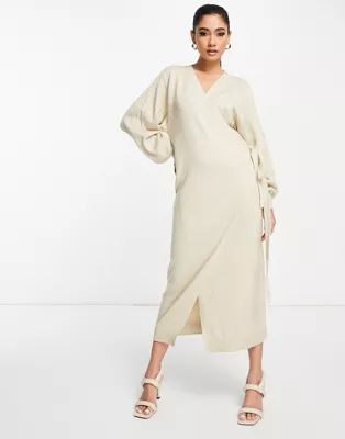 Pretty Lavish Beau wrap knit dress with tie waist in beige | ASOS | ASOS (Global)