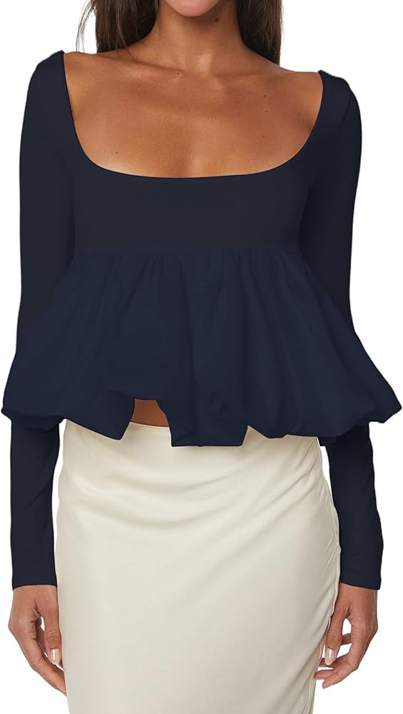 Women Long Sleeve Ruffle Hem Bubble Crop Top Blouse Scoop Neck Backless Slim Patchwork Peplum T S... | Amazon (US)