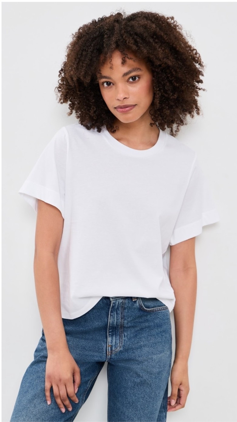 Can you really have enough white T-shirts in your drawer? I added this one to card because I love that. It’s a little looser kind of boxy and that sleeve is nice. I’ll be grabbing this a lot.