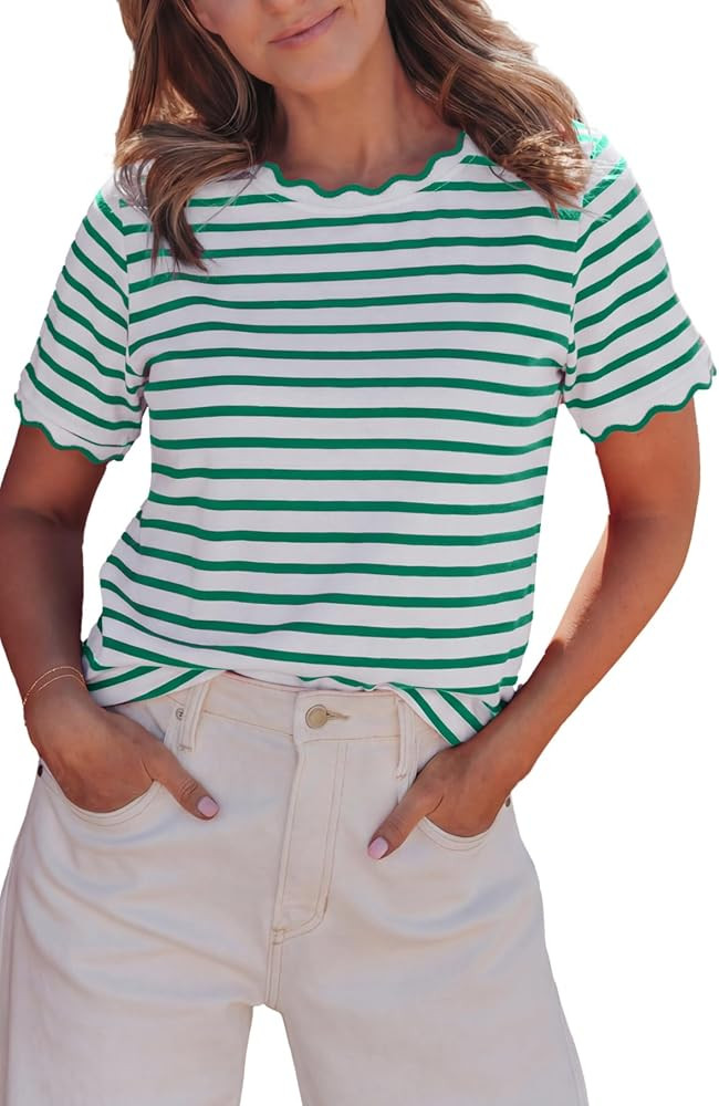 KevaMolly Womens Stripe Scalloped Trim Round Neck T Shirt Casual Soft Cotton Blend Breathable Tee... | Amazon (US)