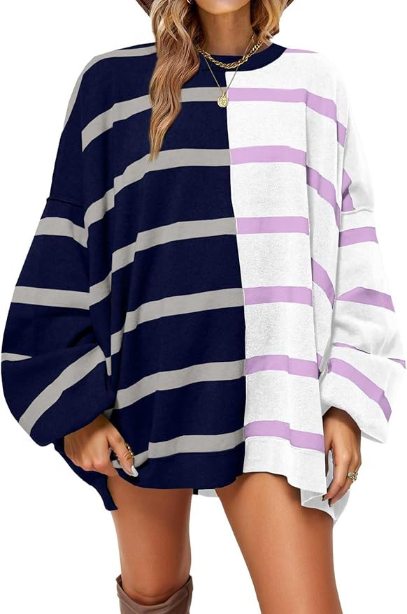 Fisoew Womens Striped Pullover Sweater Crew Neck Long Sleeve Knitted Color Block Casual Loose Lig... | Amazon (US)