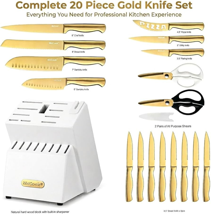 McCook\u00ae Kitchen Knife Sets, Golden Titanium Stainless Steel Knives Block Set with Built-in S... | Amazon (US)