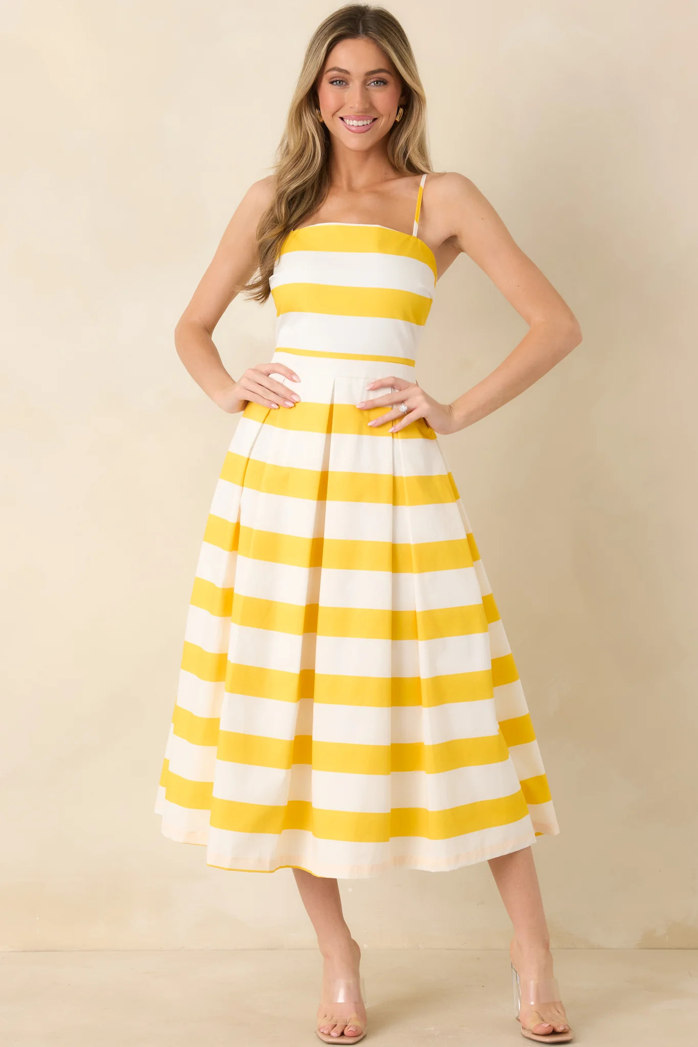 Couldn't Be Happier Yellow Stripe Cotton Sleeveless Midi Dress | Red Dress