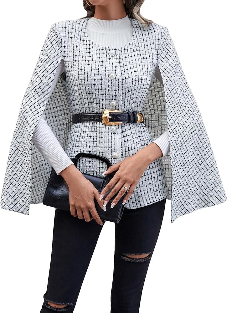 WDIRARA Women's Plaid Print Cloak Sleeve Round Neck Button Front Jacket Blazer Cape Coat | Amazon (US)